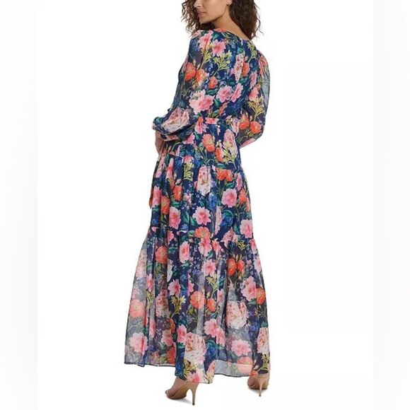 ELIZA J Blue Pink Floral Chiffon Long Sleeve Maxi Dress Tiered Size 2 4‎ New - Picture 4 of 11